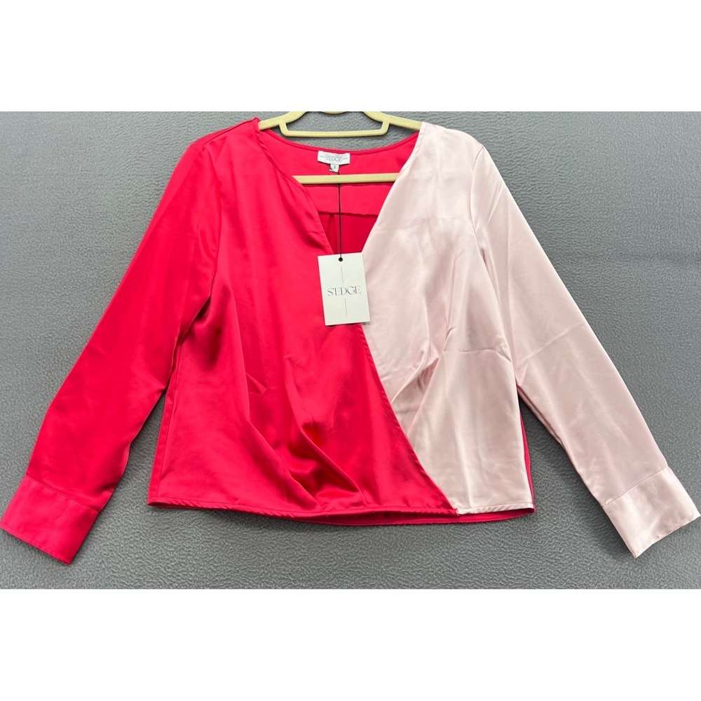 Sedge Blouse Womens S Color Block V Neck Faux Wrap Satin Top Red Pink